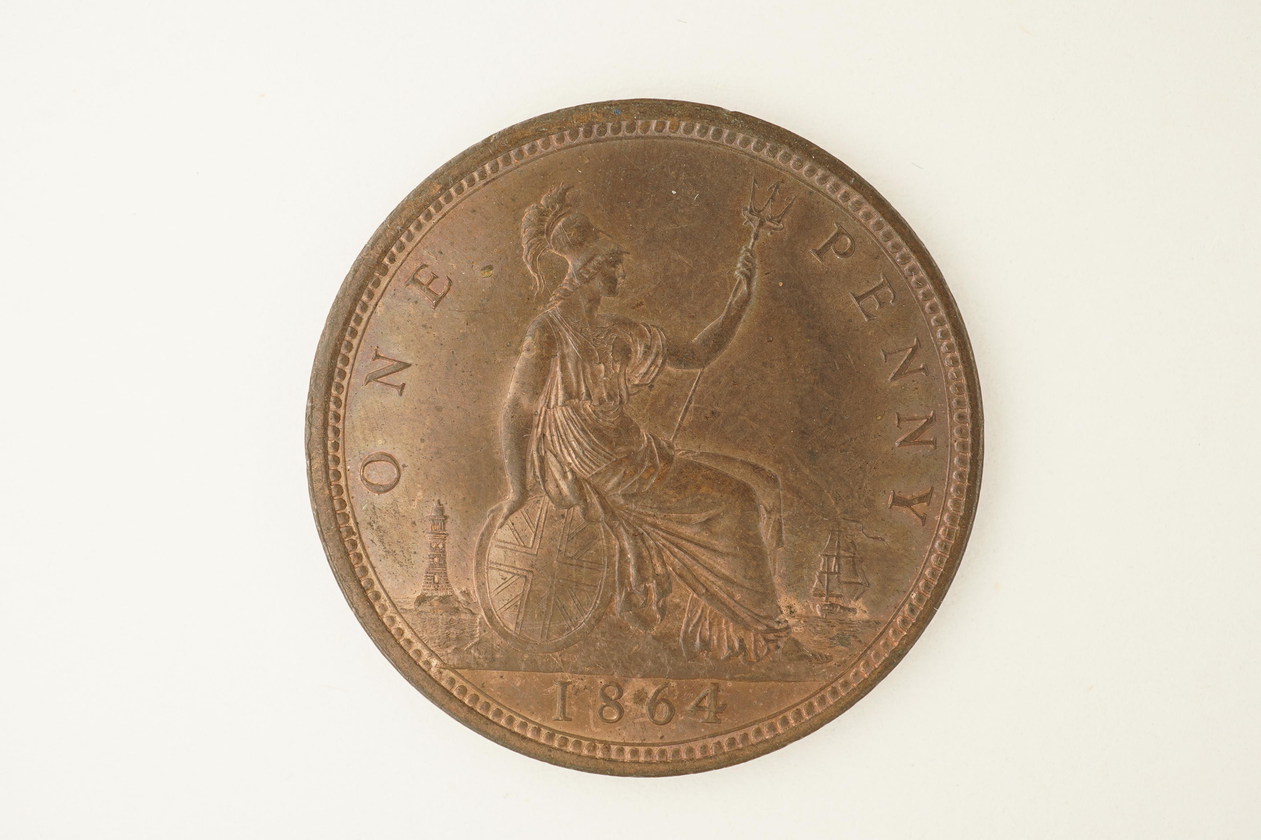 British coins, Victoria, bronze penny, 1864, slanted tail on 4, Fr. 49, Gouby dies J/g, good EF, much lustre, scarce in this grade., Provenance- John Hill collection purchased from, Spink, Ancient, English, Scottish and